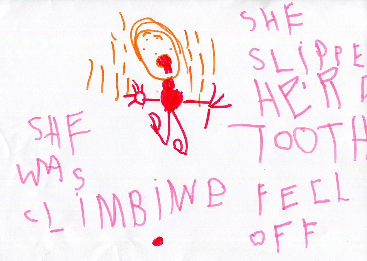 The orange lines are the girl's tears ("there were many drops"); the red spot at the bottom is the bloody tooth